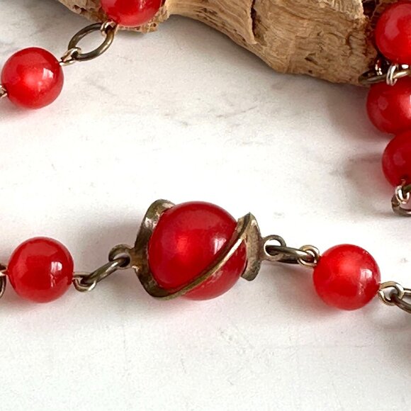 Art Deco Metal Wrapped Red Glass Bead Necklace 16" Vintage Jewelry - Picture 6 of 11